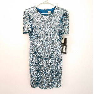Vintage Silk Sequin Dress Teal with Silver Short Sleeve Small Party